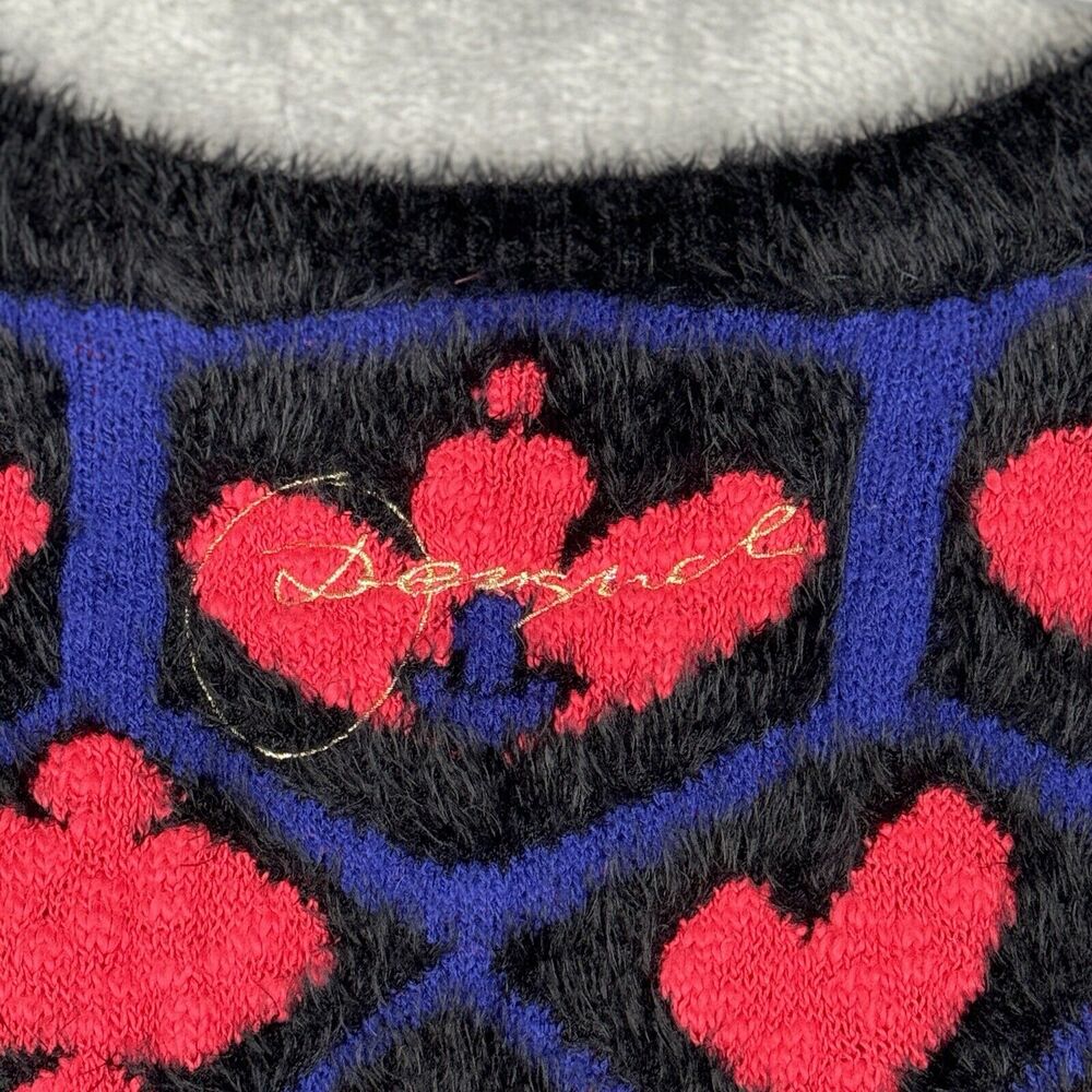 Desigual Sweater Women Small Pink Black Fuzzy Fleur de Lis Casual Colorful Artsy - Picture 7 of 9